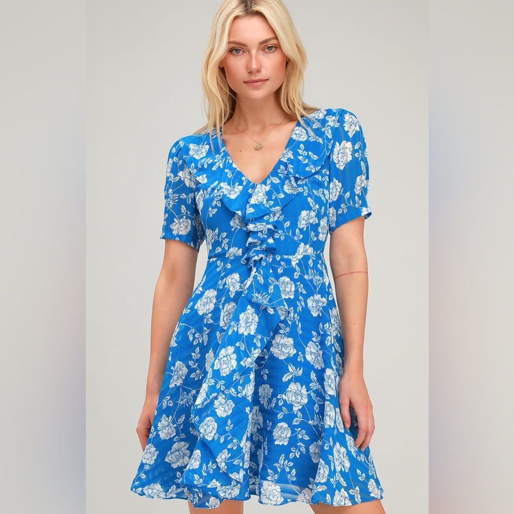Lulus Ximena Blue Floral Print Ruffled Short Sleeve Mini Dress